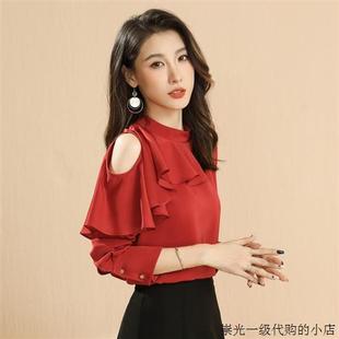 新款 长袖 立领荷叶边洋气小衫 女 潮牌2024春季 韩版 性感露肩雪纺衬衫