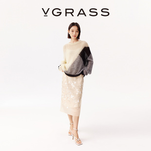VGRASS秋冬新款 配打底 亮片绣花半身裙刺绣高腰裙 WISH系列