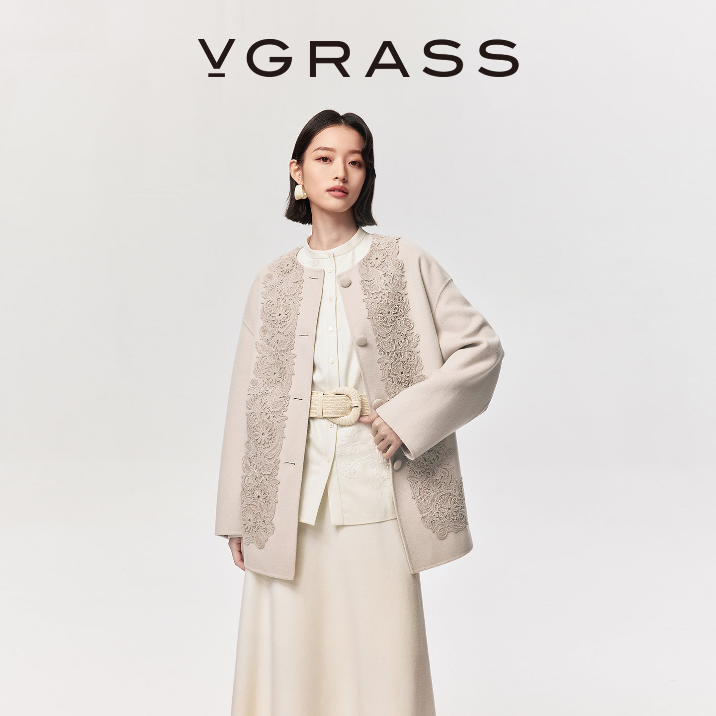【马上有戏】VGRASS26早春新款水溶刺绣绵羊毛混纺毛呢圆领短大衣