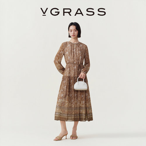 VGRASS真丝乔其定位印花连衣裙