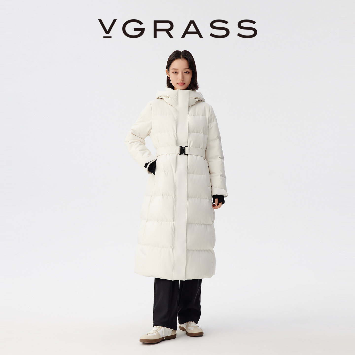 VGRASS9分长款连帽90鹅绒羽绒服