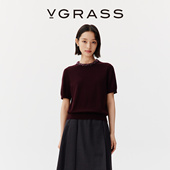 针织 羊毛混纺重工钉珠领口宽松短袖 WISH系列 VGRASS秋冬新款