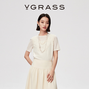 VGRASS26早春新款饱满立体浮雕式绣花桑蚕丝U领无袖背心宽松显瘦