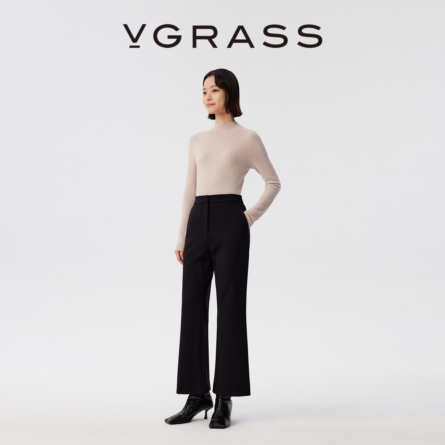 VGRASS定纺粘纤混纺微喇休闲裤