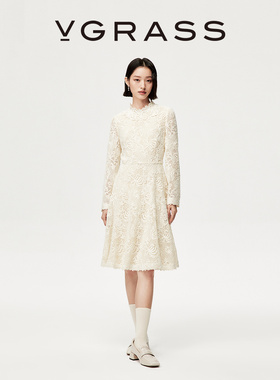 VGRASS25冬季新款组合绣花蕾丝感浪漫优雅斜摆小高领连衣裙中长款