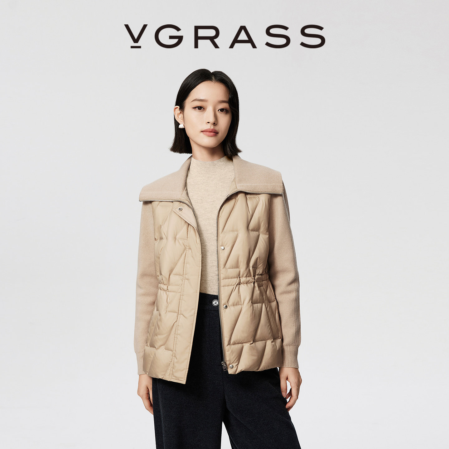 VGRASS针织拼接可抽绳羽绒服