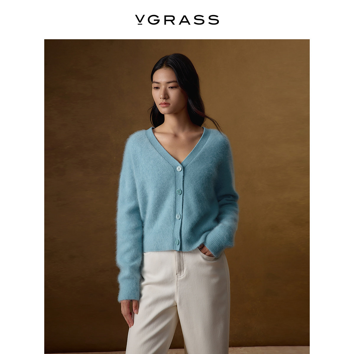 VGRASS100%山羊绒V领针织衫