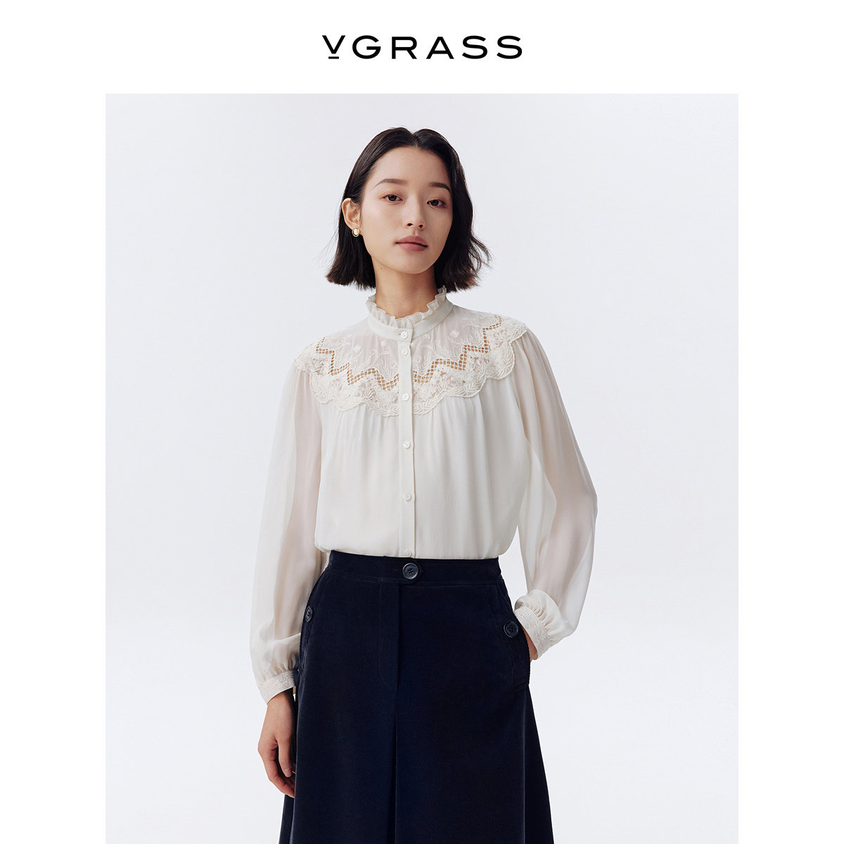 VGRASS真丝盘绳蕾丝绣衬衫