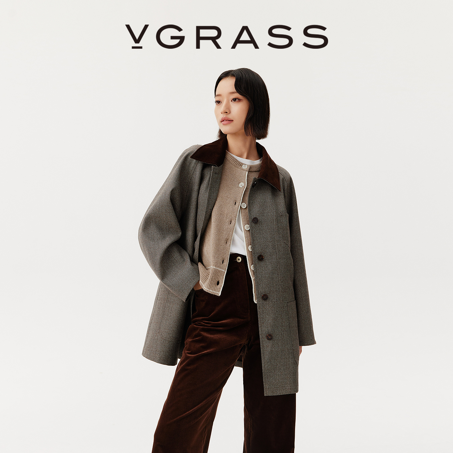 VGRASS色织夹色羊毛插肩廓形外套