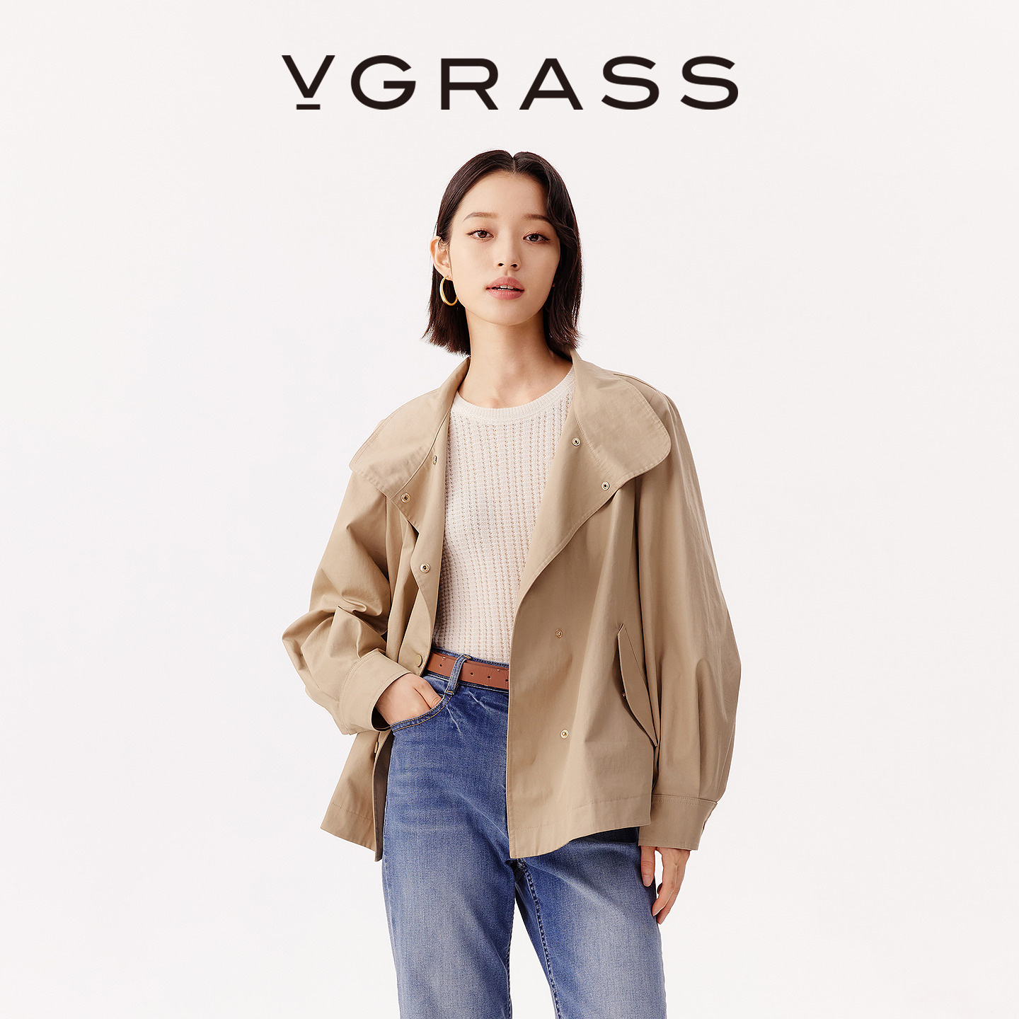 VGRASS高支数全棉贡缎短风衣