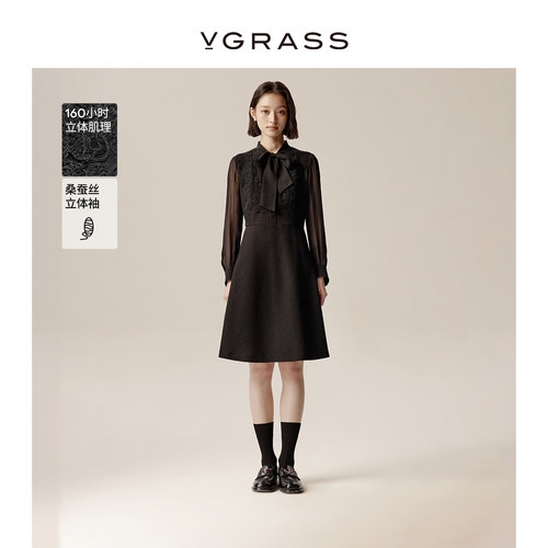 VGRASS蕾丝镶拼蝴蝶系带领连衣裙