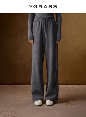 VGRASS灰色糯米羊毛裤女秋冬新款宽松bf慵懒风系绳卫裤休闲阔腿裤