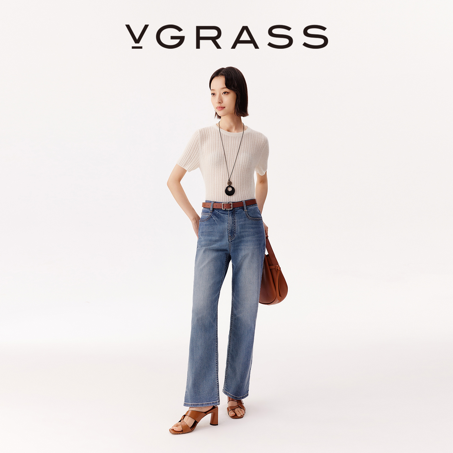 VGRASS清爽水洗复古直筒牛仔裤