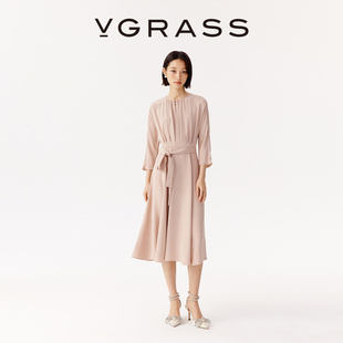 VGRASS秋冬新款 28MM重绉桑蚕丝面料温柔优雅收腰褶皱连衣裙