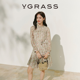 VGRASS维格娜丝26春夏新款 轻盈感真丝雪纺收腰玛丽官印花连衣裙女