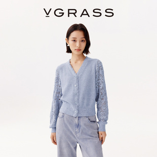 组合肌理织法多重合股纱正肩显瘦V领针织开衫 VGRASS25早秋新款 女