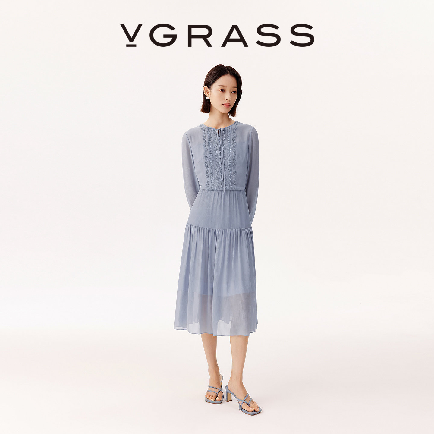 VGRASS网纱双色绣花桑蚕丝连衣裙