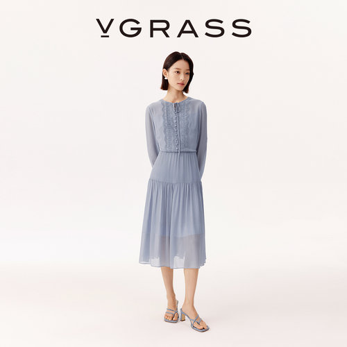 VGRASS网纱双色绣花桑蚕丝连衣裙