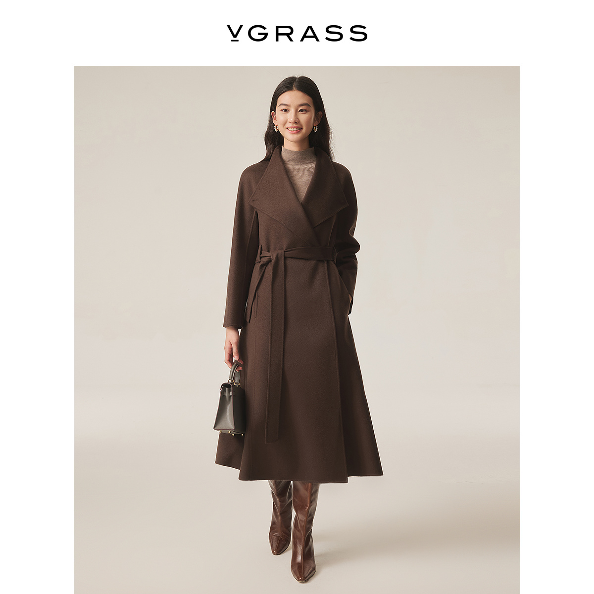 VGRASS羊毛羊绒9分小X型毛呢大衣