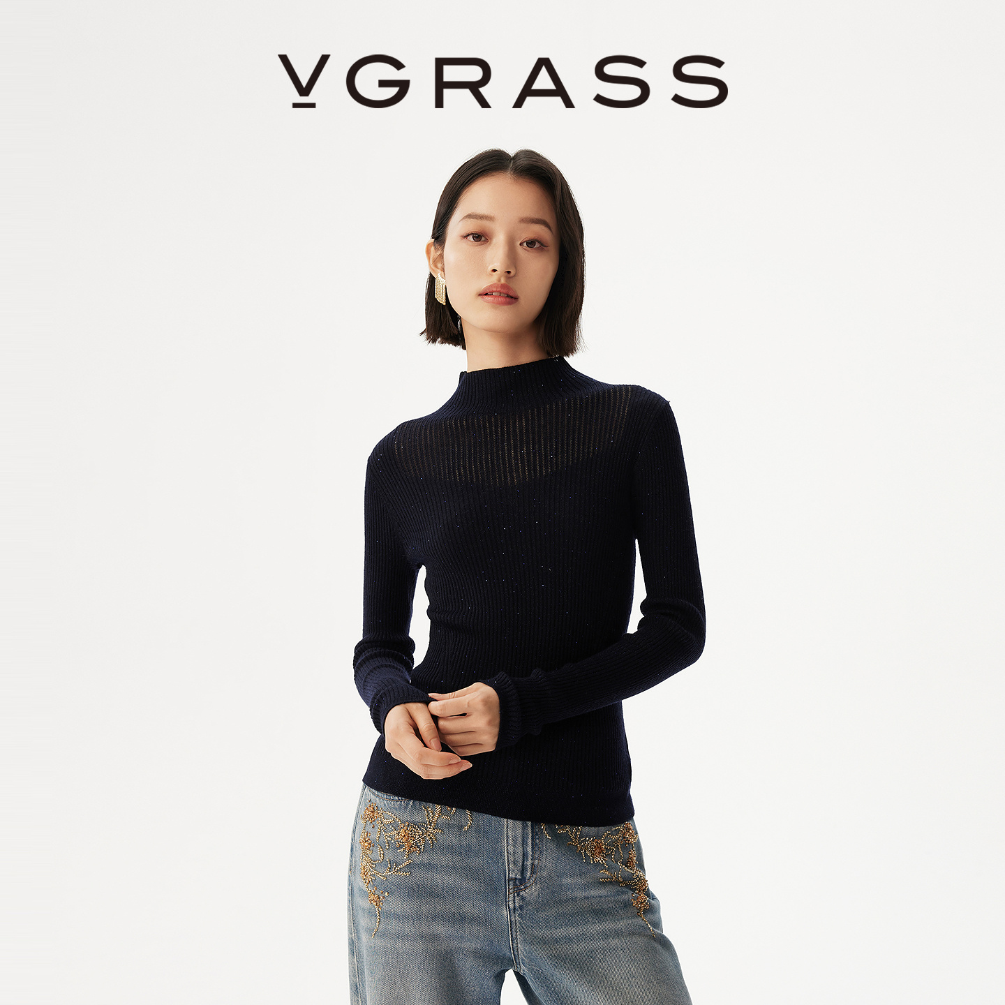 VGRASS羊毛混纺修身针织衫