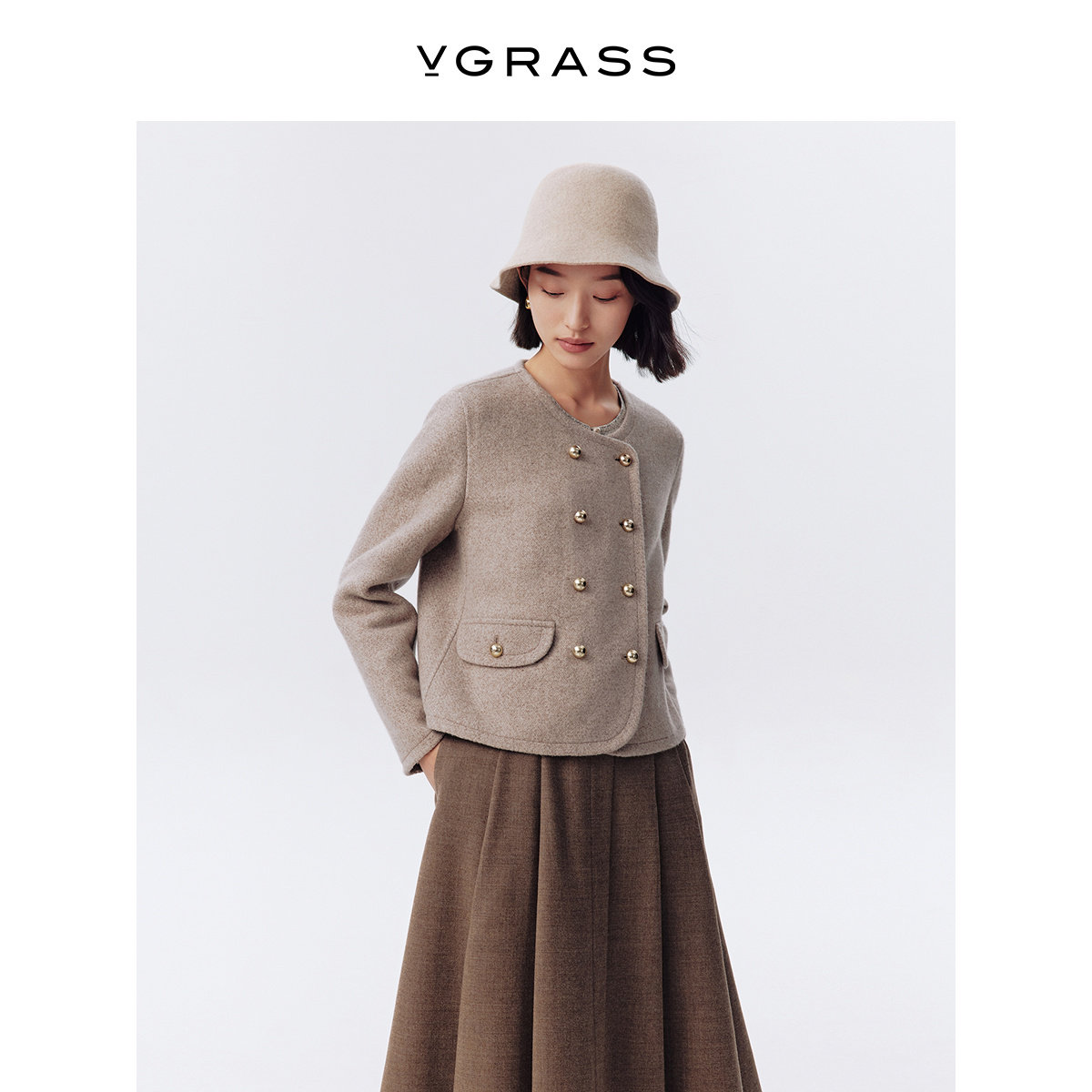 VGRASS100%双面呢双排扣小香外套