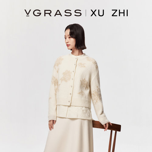 VGRASS艺术嵌花宽松圆领针织开衫