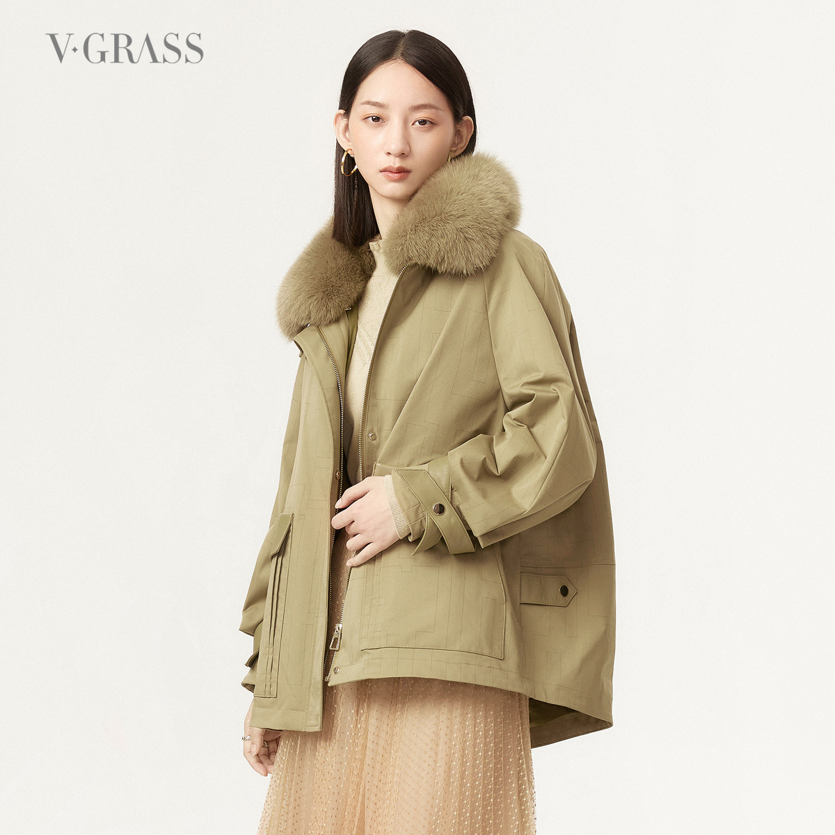 VGRASS维格娜丝冬季新款狐狸毛可脱卸兔毛内胆派克服外套女