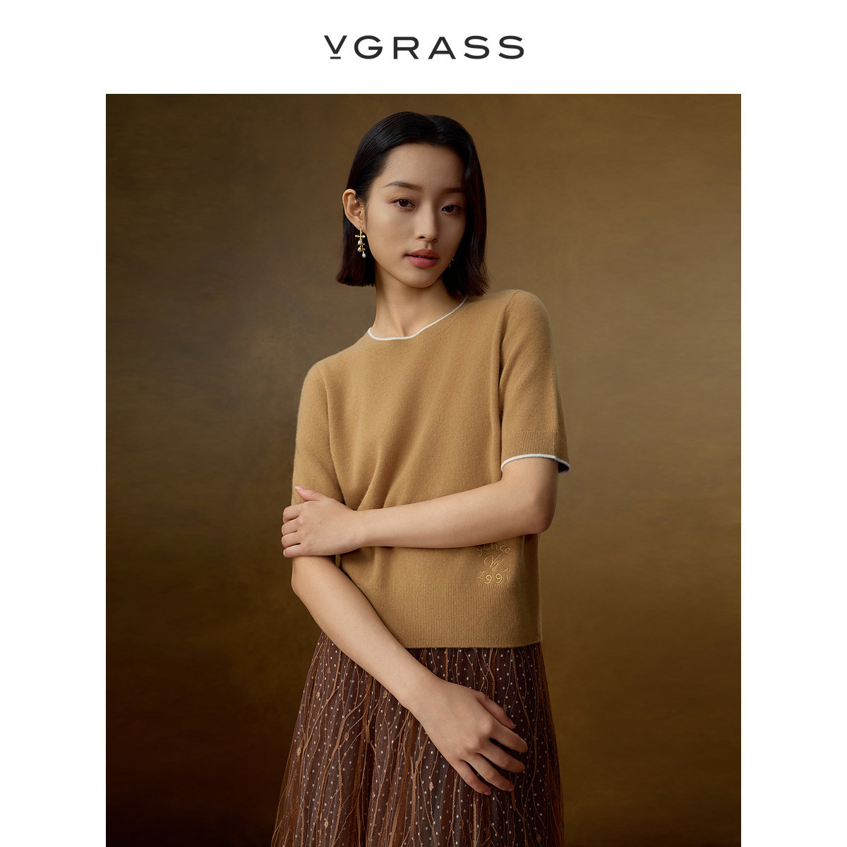 VGRASS100%绵羊毛条纹针织开衫