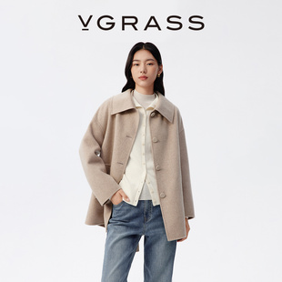 VGRASS25秋冬新款 山羊绒双面呢落肩大翻领轻盈毛呢大衣中长外套女