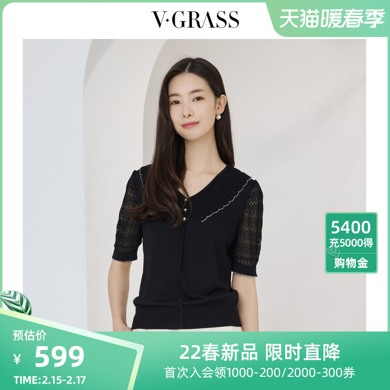 vgrass维格娜丝2022年春季新款V领蕾丝拼接针织衫泡泡袖短款上衣