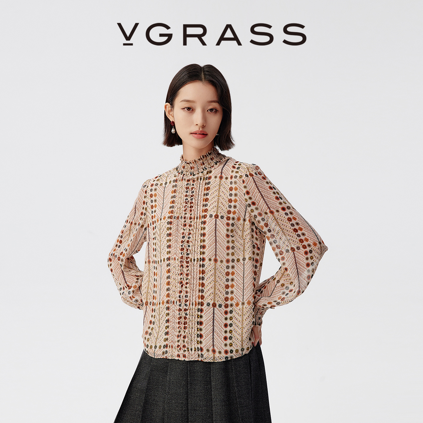 VGRASS桑蚕丝艺术印花立领衬衫