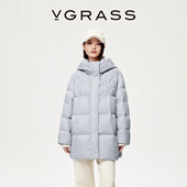 VGRASS25秋冬新款 蓬松大朵白鹅绒定位绣花温暖中长款 面包羽绒服女