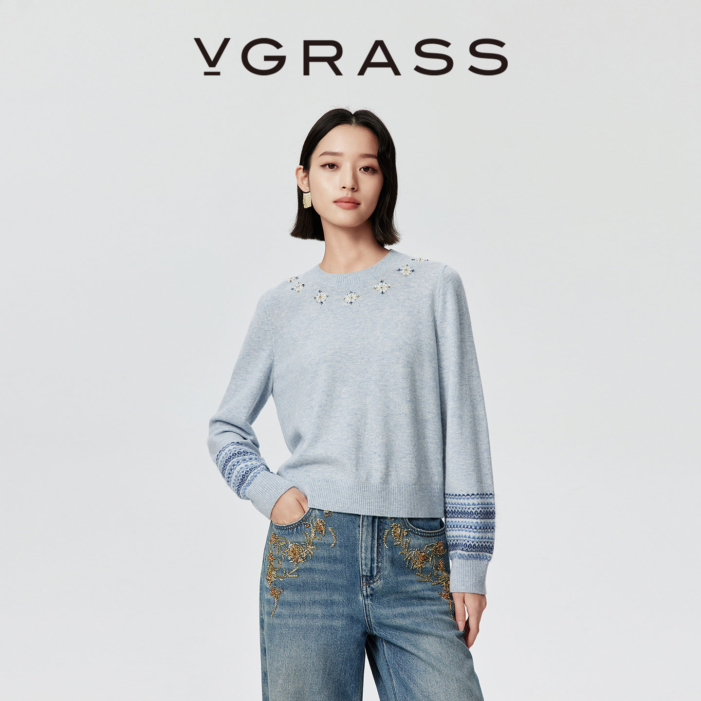 【一片云针织】VGRASS25秋冬新款羊毛羊绒费尔岛刺绣蓝色针织衫女