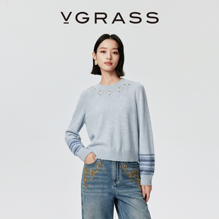羊毛羊绒费尔岛刺绣蓝色针织衫 VGRASS25秋冬新款 女 一片云针织