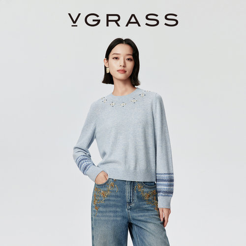 VGRASS羊毛羊绒费尔岛刺绣针织衫