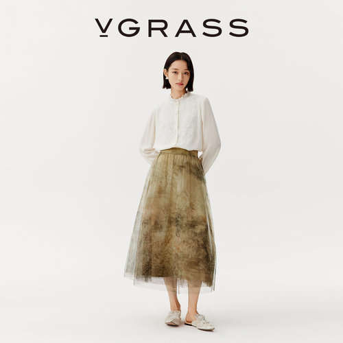 VGRASS定位印花细腻网纱A字半裙
