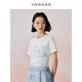 天佑秋华系列 VGRASS100棉感印花叠绣T恤秋季 新款 短袖 女