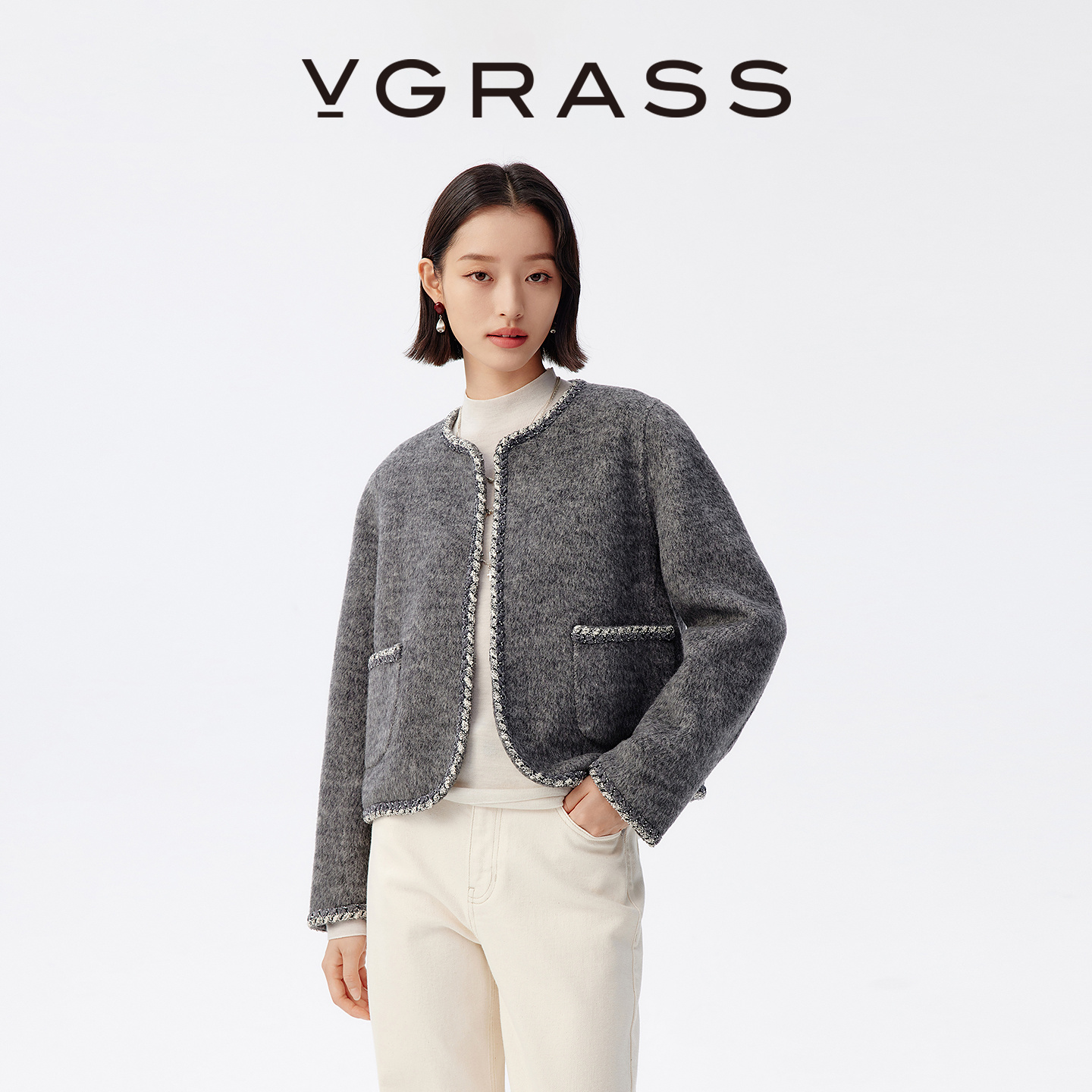VGRASS羊毛混纺小香风短款外套