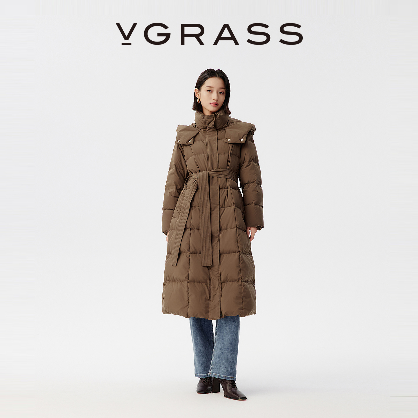 VGRASS分格充绒长款鸭绒羽绒服