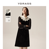 丝绒镶拼连衣裙女 VGRASS连水溶蕾丝云肩裙子春新款 金陵家宴