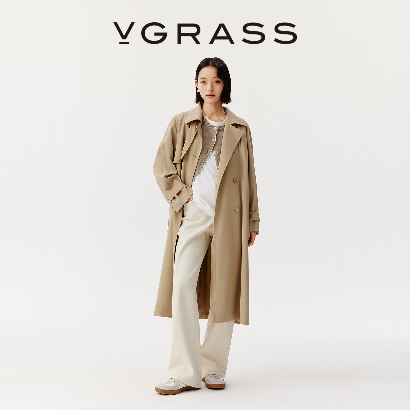 VGRASS双排牛角扣风衣外套长款