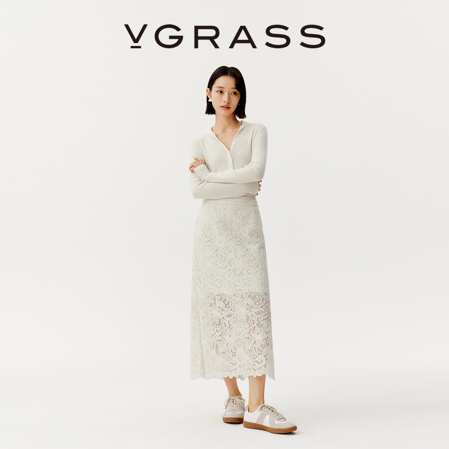 VGRASS重工水溶刺绣蕾丝半裙