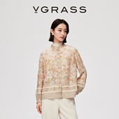 VGRASS26早春新款 绵羊毛混纺含桑蚕丝重工印花宽松小立领衬衫 女