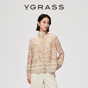 VGRASS26早春新款绵羊毛混纺含桑蚕丝重工印花宽松小立领衬衫女