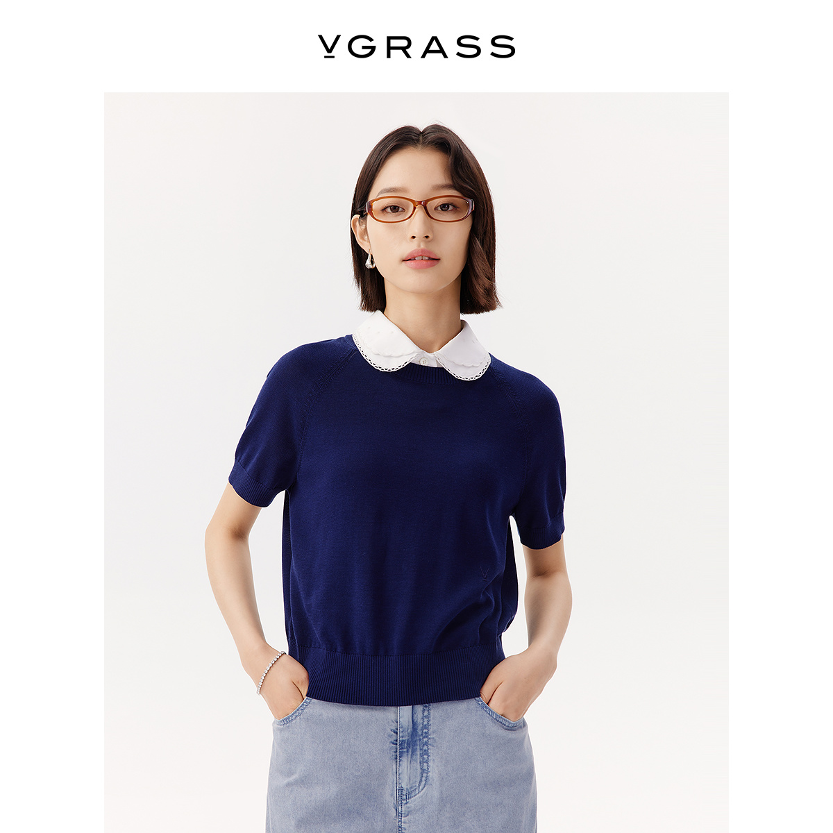 VGRASS撞色可拆卸领针织