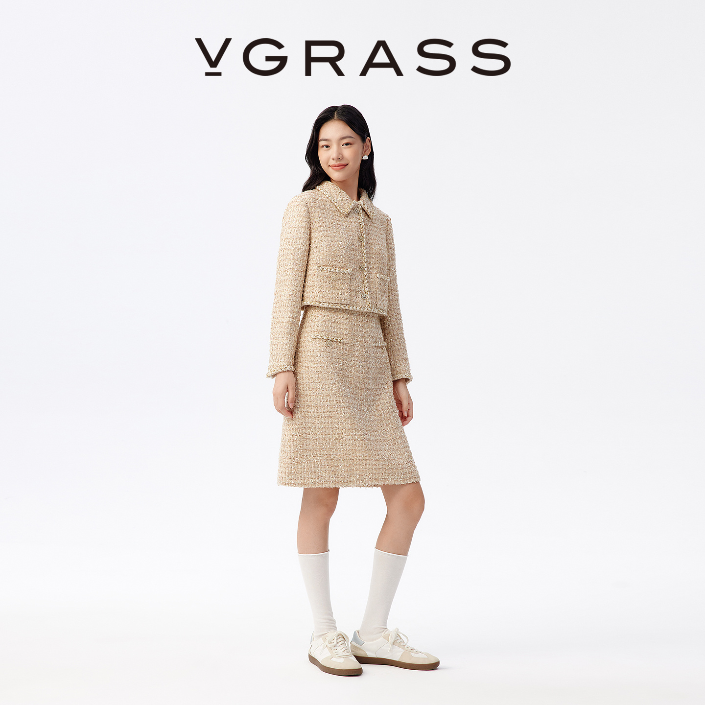 VGRASS假两件设计感粗花呢连衣裙