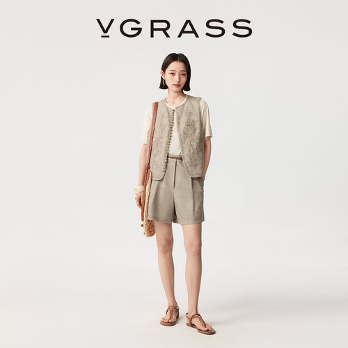VGRASS缠枝纹绣花4分裤