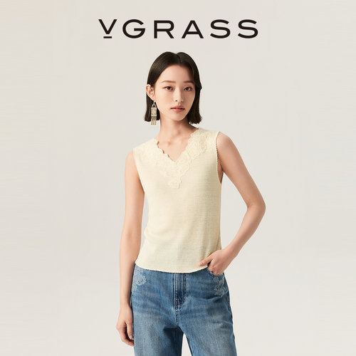 VGRASS亚麻混纺坑条针织背心