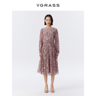 VGRASS维格娜丝春季 肌理感经编蕾丝长裙叠绣收腰气质连衣裙女 新款