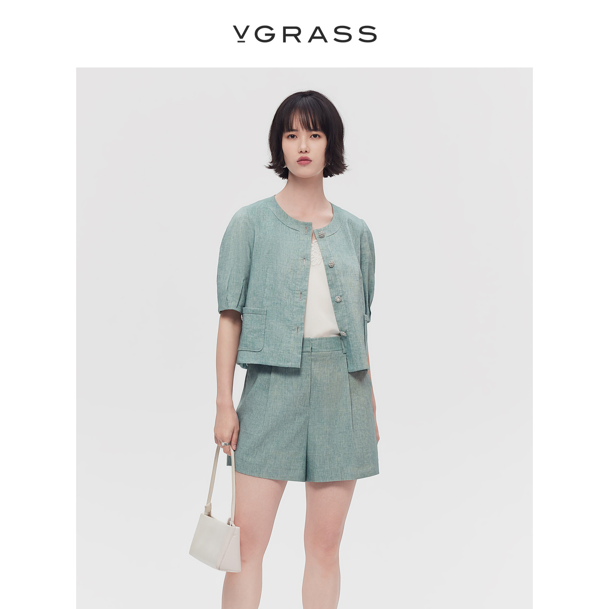 VGRASS进口棉麻混纺优雅短外套